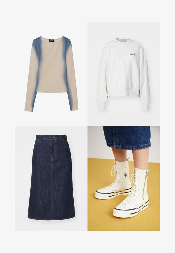 Grå crew-neck sweatshirt i et blødt stof med ribbede manchetter og kant; har broderet logo på brystet i gul og mørkerød.; Langærmet top i lys beige med et gradient blå design. Glat tekstur med rund halsudskæring og lige kant.; Mørk denimnederdel med høj talje, lige skæring, forlommer og stikninger. Har lynlås og knaplukning i taljen.; Hvide høj-top sneakers med lynlåslukning, snørresystem og sorte striber på en tyk sål. Tekstureret kanvasmateriale.