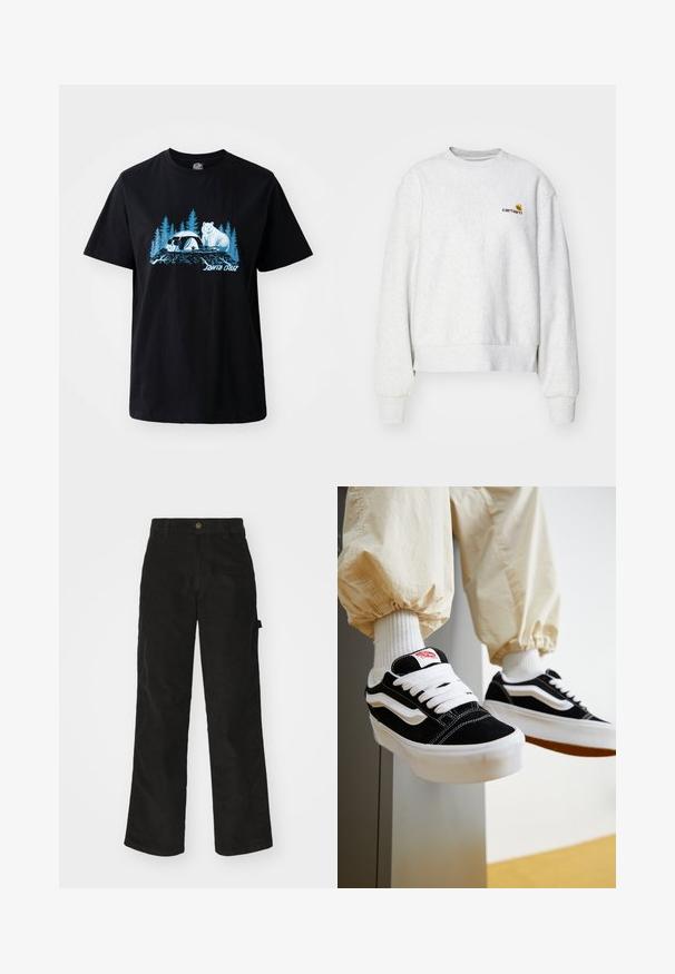 Grauer Rundhalsausschnitt-Pullover aus weichem Material mit gerippten Bündchen und Saum; mit gesticktem Logo auf der Brust in Gelb und Kastanienbraun.; Schwarzes Baumwoll-T-Shirt mit einem blauen Grafikdruck eines Bären und eines Pandas vor einem Hintergrund mit Bäumen. Kurzärmlig und mit rundem Ausschnitt.; Schwarze Cordhosen mit geradem Schnitt, ausgestattet mit einem Knopfverschluss und einer Seitenlasche. Glatte Textur mit feinen verticalen Streifen.; Person, die schwarz-weiße Vans-Sneaker mit weißen Schnürsenkeln, weißen Socken und beigen Hosen mit elastischen Bündchen trägt.