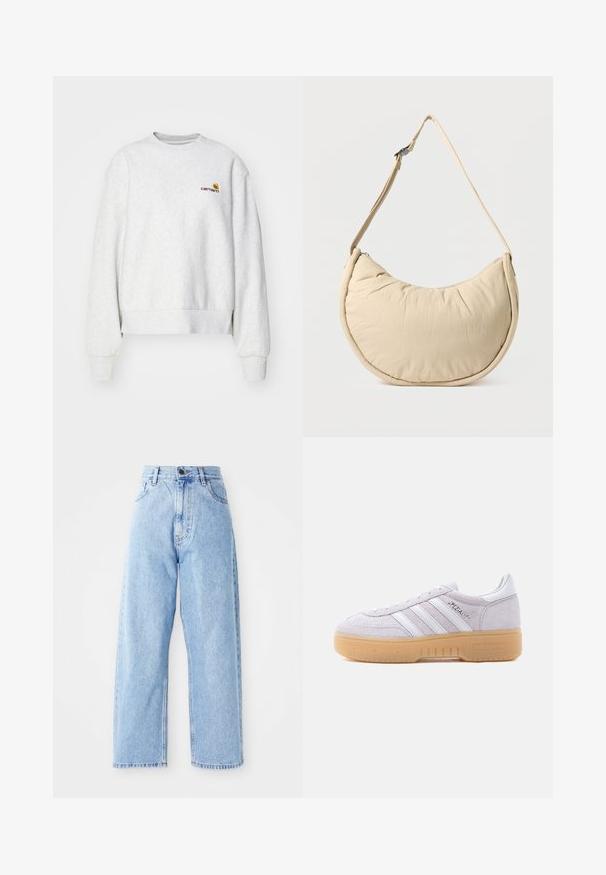 Grijze crewneck sweatshirt van een zachte stof met geribbelde manchetten en onderrand; voorzien van een geborduurd logo op de borst in geel en bordeauxrood.; Hogewaisted lichtblauwe denim jeans met rechte wijde pijpen, voorste knoop, ritssluiting en voor- en achterkant zakken.; Witte suède Adidas sneaker met gumzool, drie witte strepen en de tekst "Spezial" aan de zijkant, gezien vanaf de binnenzijde.; Beige schoudertas in halve maanvorm met een zachte, gewatteerde textuur. Voorzien van een verstelbare riem en een ritssluiting langs de bovenkant.