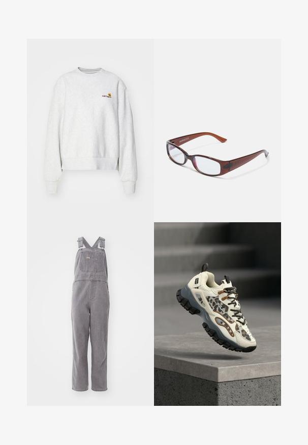 Grauer Rundhalsausschnitt-Pullover aus weichem Material mit gerippten Bündchen und Saum; mit gesticktem Logo auf der Brust in Gelb und Kastanienbraun.; Graue Denim-Overalls mit verstellbaren Trägern, einer Brusttasche und einer lockeren Passform. Sie verfügen über gerade geschnittene Beine und eine durchgehende unifarbene Gestaltung.; Klobiger Sneaker mit Leopardenmuster, beigen und braunen Akzenten, schwarzer robuster Sohle und FILA-Logo, schwebt in der Luft über einer Betonfläche.; Braun getönte rechteckige Brille mit glänzender Oberfläche, schlanken Bügeln und transparenten Gläsern. Logo auf dem linken Bügel sichtbar.