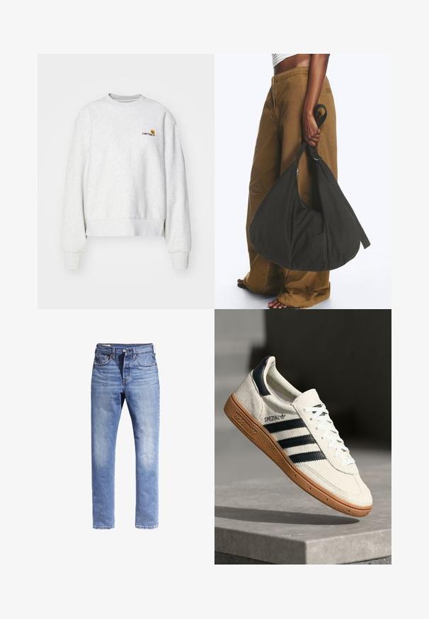 Grå crew-neck sweatshirt i et blødt stof med ribbede manchetter og kant; har broderet logo på brystet i gul og mørkerød.; Lysblå denimjeans med lige ben-design, fem lommer og kontrastsyninger. Stoffet ser let slidstært ud.; Hvide ruskinds sneakers med marineblå striber, gummisål, struktureret overdel, rund tå og snøring; har branding på siden og tungen.; Person iført brune vidde bukser og hvid top holder en stor sort blød håndtaske i remmen ved siden.