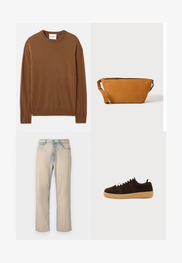 CLOSED CREW NECK LONG SLEEVE - Svetrík - light mocha brown; Svetlo béžové džíny z denimového materiálu so strihom rovného nohu, so svetlo modrými akcentmi, piatimi vreckami a gombíkovým zapínaním v páse.; Tmavohnedá semišová teniska s bielymi šnúrkami, béžovou pätkou a svetlohnedou gumovou podrážkou, zobrazená z boku na jednofarebnom pozadí.; Svetlohnedá kožená crossbody taška s nastaviteľným popruhom a zipsovým uzáverom, zobrazená na jednoduchom svetlom pozadí.