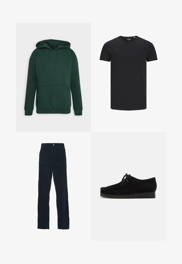 Groene hoodie van zacht materiaal, met een voorvak, trekkoordcapuchon en ribgebreide manchetten en onderrand. Eenvoudig, ontspannen ontwerp.; Zwarte katoenen T-shirt met een ronde hals, korte mouwen en een eenvoudig ontwerp. Soepele textuur, geen patronen of zichtbare hardware.; Carhartt WIP SIMPLE PANT - Broek - dark navy; Zwarte suède schoenen met een rond teenontwerp, een vetersluiting aan de voorkant en een gestructureerde zwarte rubberen zool. Gladde bovenkant met subtiele stikseldetails.