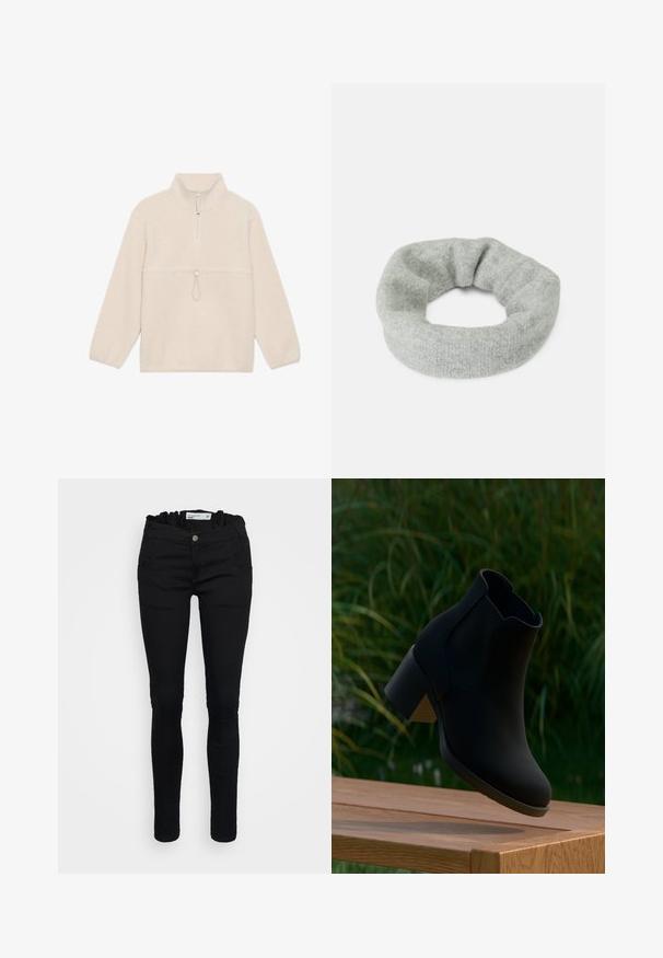Fleece pullover in off-white, met een halve rits, lange mouwen en een voorzak met een trekkoord voor aanpassing. Zachte textuur.; Zwarte spijkerbroek met een getailleerd ontwerp, voorzien van een gegatherde tailleband, vijf zakken en een knoopsluiting. Smooth denimtextuur, slim fit pijpvorm.; Zwarte enkellaars met blokhak zwevend boven een houten bank, groene grasachtergrond.; Grijze gebreide haarband met een zachte textuur en een elastisch ontwerp, met een doorlopende ronde vorm zonder zichtbare naden.