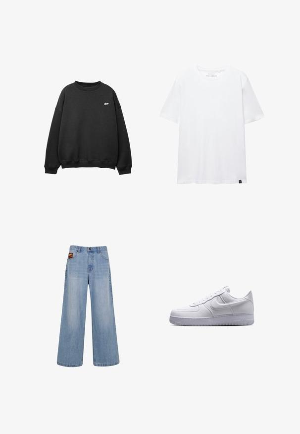 Zwarte crewneck sweat met lange mouwen en een klein wit logo op de linkerborst, voorzien van geribde boorden en zoom.; Witte T-shirt met korte mouwen, regular fit, ronde hals en klein zwart stoffen label aan de onderzoom.; Lichtblauwe wijde jeans met hoge taille en een klein kleurrijk geweven detail dat uit de rechtervoorkant van de broekzak steekt.; Witte lage Nike Air Force 1 sneaker met vetersluiting en een gestructureerde zool, zijaanzicht op een witte achtergrond.