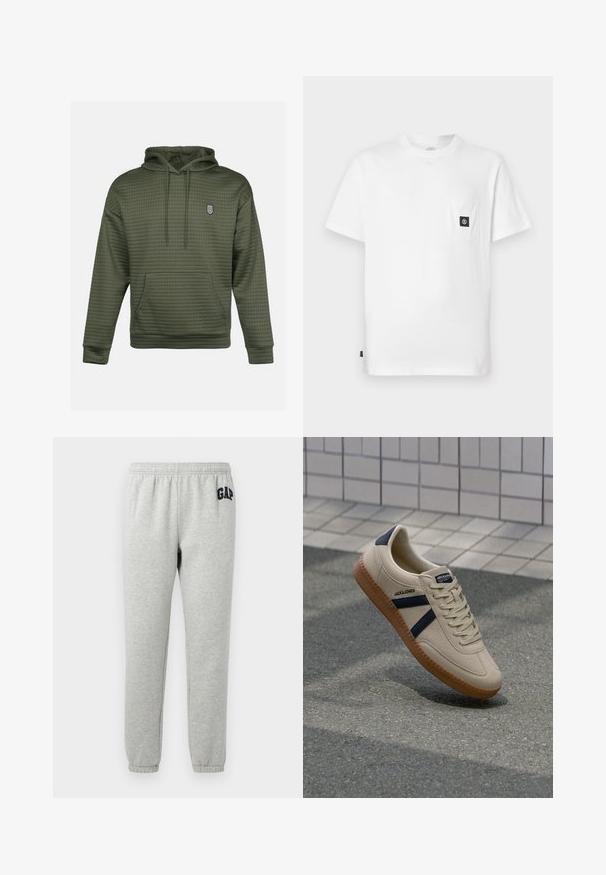 Sweat à capuche vert olive avec une texture matelassée, une poche kangourou centrale et un petit logo brodé sur la poitrine. Capuche réglable avec cordon.; T-shirt en coton blanc avec encolure ronde, manches courtes et une poche poitrine ornée d'un patch logo noir. Texture lisse, coupe décontractée.; Pantalons de survêtement gris avec une taille élastique, des chevilles resserrées et un logo "GAP" bleu marine sur la cuisse supérieure gauche. Tissu doux en mélange de coton.; Baskets beiges avec une finition texturée, bandes navy et semelle en caoutchouc. Équipées d'une languette rembourrée et d'un système de laçage traditionnel pour un maintien sécurisé.