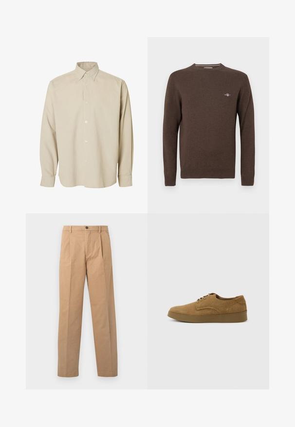Brun strikket sweater med rund halsudskæring, lange ærmer, ribstrikkede manchetter og kant. Har en lille broderet logo på brystet.; Beige langærmet skjorte med knapper, spids krave og knappede manchetter, vist mod en ensfarvet hvid baggrund.; Khaki bukser med lige ben-design, lavet af bomuldsstof; har en enkelt knaplukning og to frontfolder.; Brun ruskindslærredsko med snørebånd og flad gummisål, set fra siden på en ensfarvet lys baggrund.