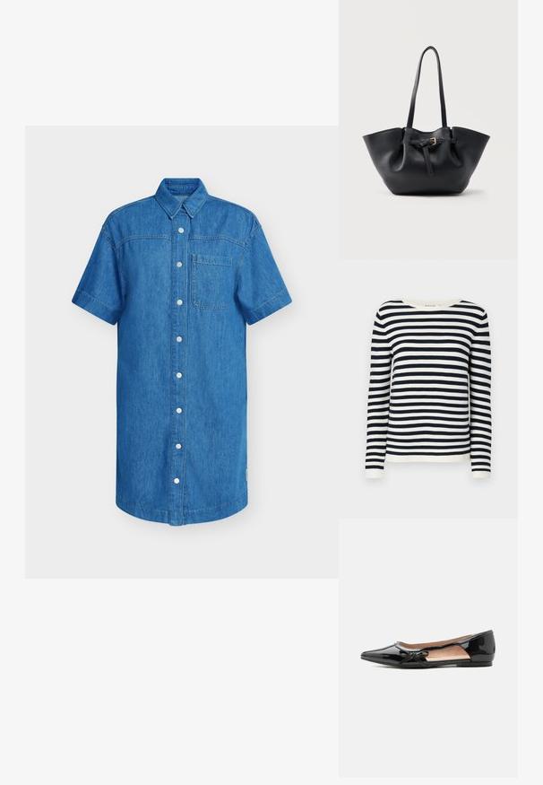 Mørkeblå og hvid stribet langærmet sweater med rund hals og ribbede manchetter. Blødt strikket stof med en klassisk pasform.; Kortærmet denimskjorte i klar blå, med knaplukning, enkelt brystlomme og lige skåret kant. Blød tekstur.; Sort laklæder flad sko med spids tå, sideudskæring og lille dekorativ sløjfe på ydersiden.; Sort lædertaske med lange håndtag og en frontrem med en lille gylden spænde, sat mod en ensfarvet baggrund.