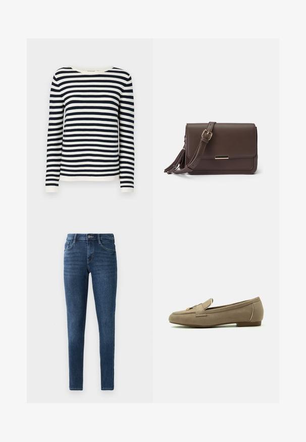 Marineblau und weiß gestreifter Langarmpullover mit rundem Halsausschnitt und gerippten Bündchen. Weicher, gestrickter Stoff mit klassischer Passform.; Dunkelblaue Skinny-Jeans aus Denim mit einem klassischen Five-Pocket-Design, vorderer Knopfverschluss und subtilen Nähdetails. Glatte Textur über die gesamte Oberfläche.; Beiger Wildleder-Slipper mit kleinem goldfarbenem Schnallendetail und niedrigem Absatz, seitlich auf weißem Hintergrund dargestellt.; Braune Schultertasche aus Kunstleder mit Klappenverschluss, goldfarbener Hardware und seitlichem Quasten-Detail. Verstellbarer Riemen für vielseitigen Tragekomfort.