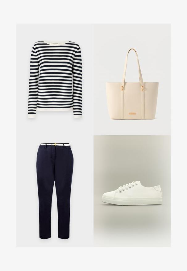 Marineblauwe en witte gestreepte sweater met lange mouwen, een ronde halslijn en geribbelde manchetten. Zacht, gebreid materiaal met een klassieke pasvorm.; Marineblauwe chinos met een slim fit, van katoen, en een witte riem met een goudkleurige gesp. Gladde textuur, rechte pijpen, minimalistisch design.; Witte lage sneaker met witte veters en rubberen zool, zijaanzicht op een neutrale achtergrond.; Crèmekleurige getextureerde tote bag met lange handvatten en gouden hardware details op een neutrale achtergrond.