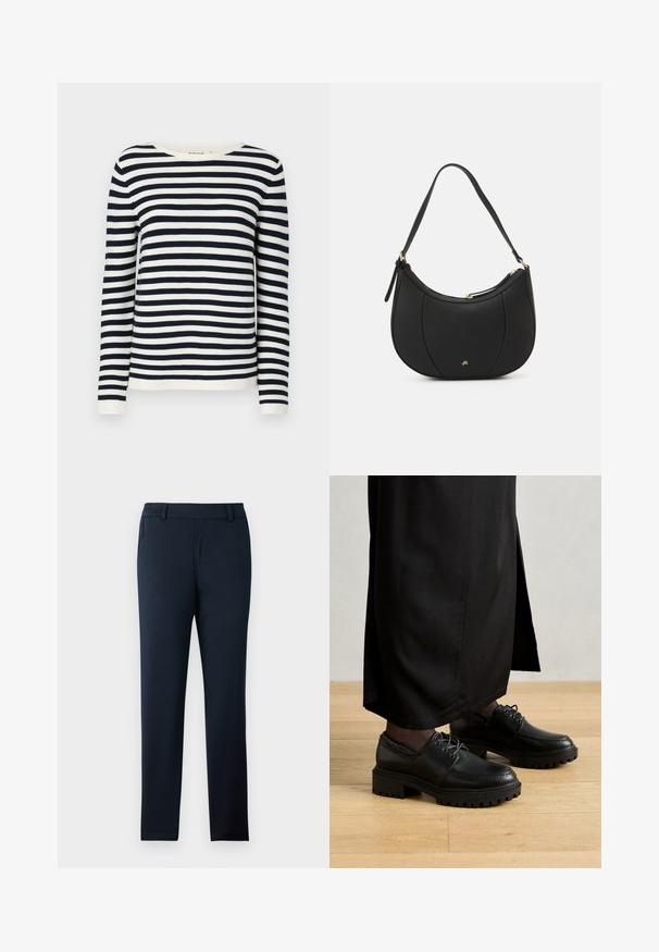 Suéter de rayas navy y blanco de manga larga con cuello redondo y puños acanalados. Tejido de punto suave con un corte clásico.; Pantalones azul marino hechos de una suave tela elástica. Presentan un diseño de frente plano, presillas para cinturón y un corte delgado y entallado.; Zapatos de cuero negro con punta redondeada, suela de goma gruesa y cordones. El diseño presenta un bordado decorativo a lo largo de la parte superior.; Bolso de mano de cuero negro con forma curva, superficie texturizada, costuras frontales y un logo en tono dorado. Cuenta con una sola correa ajustable.