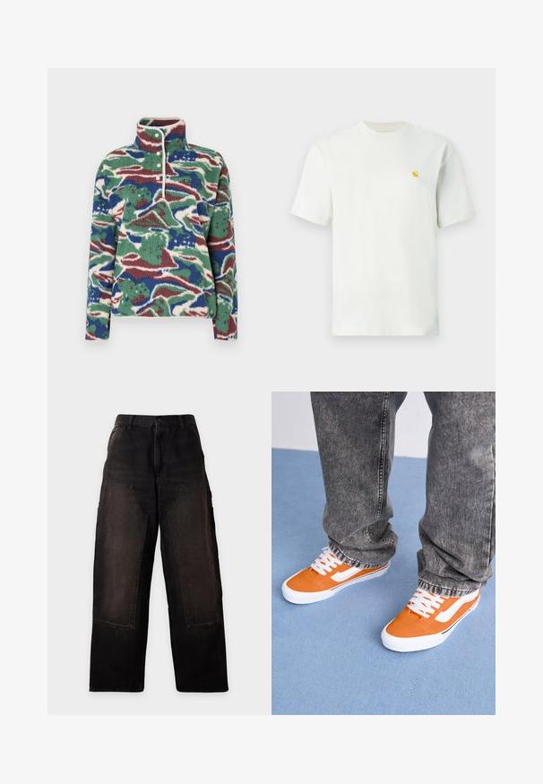 Sudadera de forro polar con un patrón abstracto en verde, azul y burdeos. Presenta un cuello alto, tapeta con botones y tela texturizada.; Camiseta blanca de manga corta y cuello redondo con un pequeño logo amarillo en el lado izquierdo del pecho, exhibida sobre un fondo sencillo.; Pantalones negros de pierna ancha con grandes bolsillos delanteros de parche y trabillas para cinturón, mostrados sobre un fondo claro y liso.; Zapatillas de ante naranja con rayas y cordones blancos, combinadas con jeans gris desgastado. Colocadas sobre una alfombra azul clara.