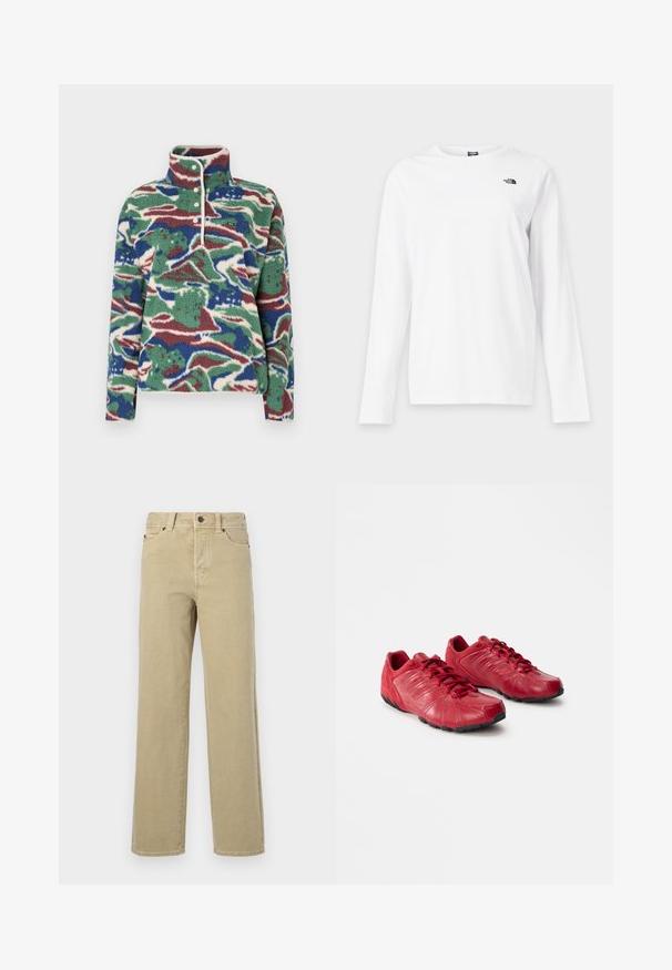 Pull-over en polaire avec un motif abstrait vert, bleu et bordeaux. Comprend un col montant, une patte de boutonnage et un tissu texturé.; T-shirt blanc à manches longues avec col rond et petit logo noir The North Face sur le côté gauche de la poitrine.; Jean beige à jambes larges en coton doux avec un design classique à cinq poches, braguette à boutons et coutures visibles le long des coutures et des ourlets.; Chaussures de sport rouges en cuir et en daim, avec une tige texturée, un système de laçage et une semelle extérieure en caoutchouc noir au design incurvé.