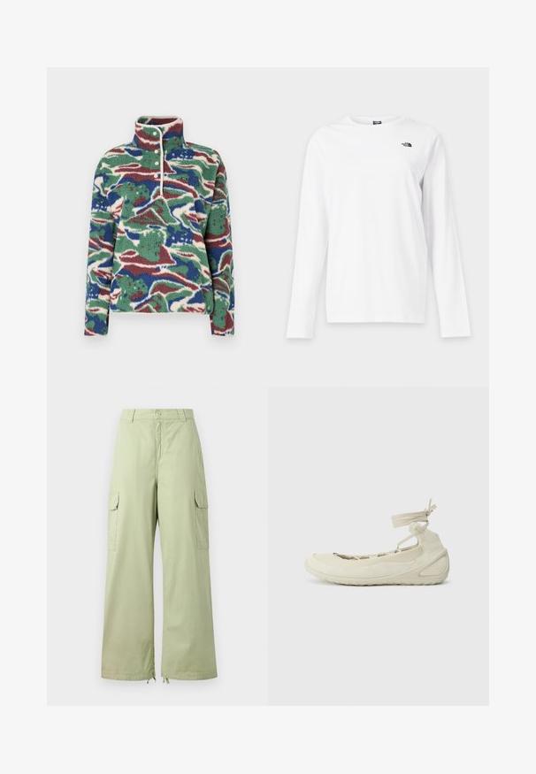 Fleece pullover i et grønt, blåt og bordeaux abstrakt mønster. Har en høj krave, knapstolpe og struktureret stof.; Hvid langærmet T-shirt med rund hals og lille sort The North Face-logo på venstre bryst.; Lysegrønne cargo bukser med brede ben, lavet af bomuld. Har to sidelommer og knaplukning. Glat tekstur og afslappet design.; Lys beige ballet flats med rund tå, snørebånd om anklen, struktureret overflade og fleksibel såldesign. Velegnet til hverdag.