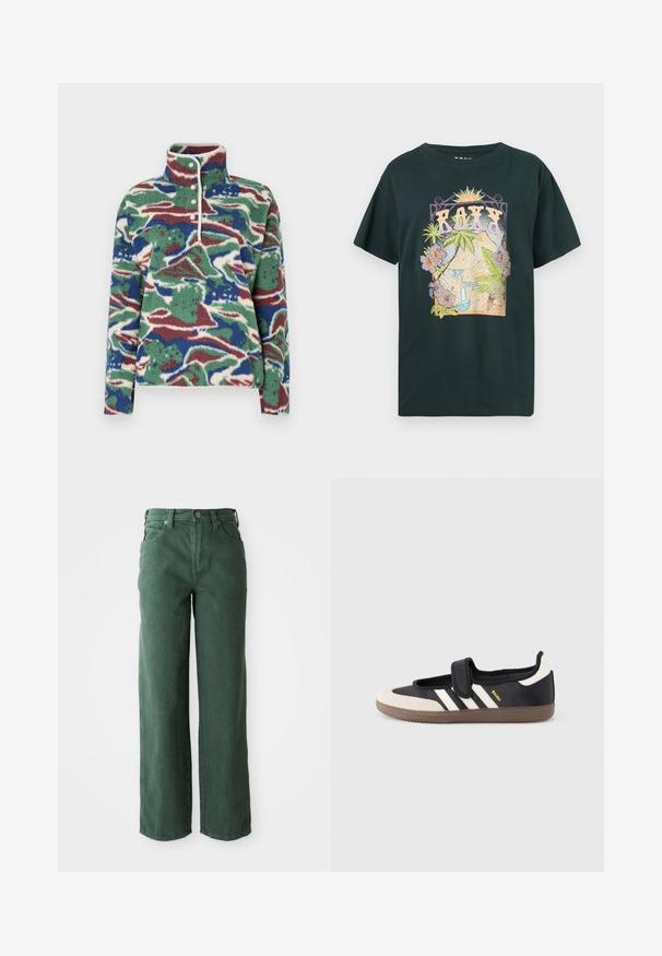 Sudadera de forro polar con un patrón abstracto en verde, azul y burdeos. Presenta un cuello alto, tapeta con botones y tela texturizada.; Camiseta negra de algodón con un gráfico colorido de montañas, una cascada y flores tropicales con el texto "ROXY" en letras negritas.; Vaqueros verdes de pierna ancha hechos de denim. Presentan una cintura alta, piernas rectas, bolsillos frontales y cierre de botón metálico.; Zapatilla negra y beige con una correa de velcro, tres rayas blancas en el lateral y una suela de goma marrón texturizada. Logotipo de la marca visible.