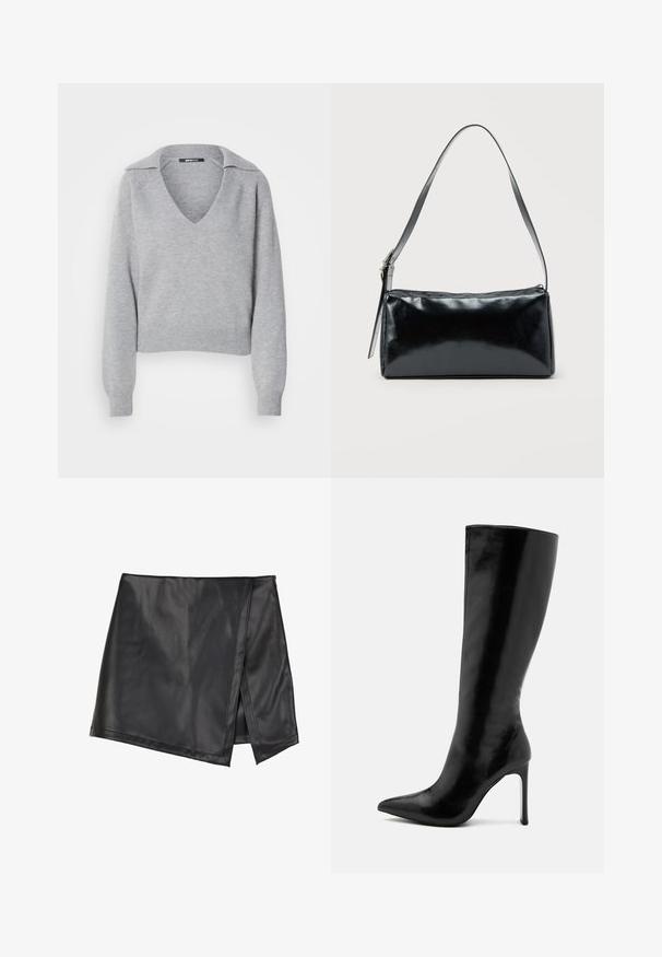 Grå strikket trøje med V-hals og krave, featuring lange ærmer og ribbede manchetter. Blød tekstur, cropped design, minimal detaljer.; Even&Odd by Zalando Mini skirts - black; Sort knæhøj støvle lavet af blank læder, med en spids tå og en slank stilethæl. Glat tekstur med minimalistisk design.; Sort rektangulær skuldertaske med en enkelt justerbar rem og lynlås i toppen på en ensfarvet baggrund.
