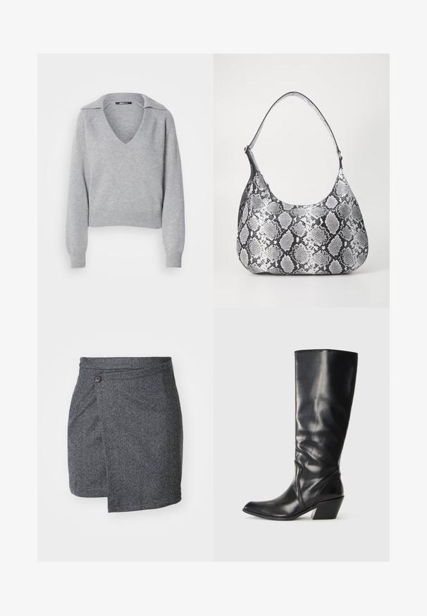 Suéter gris de punto con escote en V y cuello, con mangas largas y puños acanalados. Textura suave, diseño corto, con detalles mínimos.; Falda envolvente en espiga gris hecha de tejido de lana texturizado, con un cierre de un solo botón en la cintura y un dobladillo asimétrico.; Bota de cuero negra hasta la rodilla con punta afilada, tacón angular y textura suave. Presenta un sutil acento de costura a lo largo del costado.; Bolso de hombro con estampado de serpiente en blanco y negro, de forma redondeada, textura suave y correa curvada. Presenta un acento de hardware plateado.
