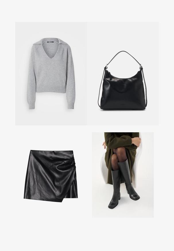 Pull en tricot gris avec un col en V et un col, doté de manches longues et de poignets côtelés. Texture douce, design court, détails minimalistes.; Jupe mini en cuir noir avec un design portefeuille, affichant une texture douce et lisse ainsi que des détails de drapés subtils sur un côté.; Bottes en cuir noires arrivant au genou, avec un bout carré et un talon carré, présentées sur un modèle assis dans un manteau vert olive. Texture lisse, détails minimaux.; Une jeune femme aux longs cheveux noirs est assise sur un bloc en bois, vêtue d'une tenue crème, tenant un sac à bandoulière en cuir noir croisé sur la poitrine.