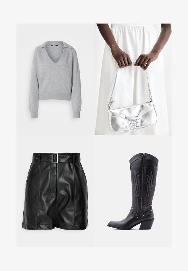 Grijze gebreide trui met een V-hals en een kraag, met lange mouwen en geribbelde manchetten. Zachte textuur, cropped ontwerp, minimale details.; Zwarte leren shorts met een gladde textuur, hoge taille en een brede riem met een rechthoekige zilveren gesp. Geplooid ontwerp aan de voorkant.; Zwarte leren cowboylaarzen met een puntige neus, zichtbare stiksels, zilveren studaccenten en een ritssluiting aan de binnenkant.; Zilveren metalen handtas met vetersluiting, met een strak ontwerp en een korte schouderriem. De tas wordt vastgehouden in de handen, waardoor de textuur goed tot zijn recht komt.