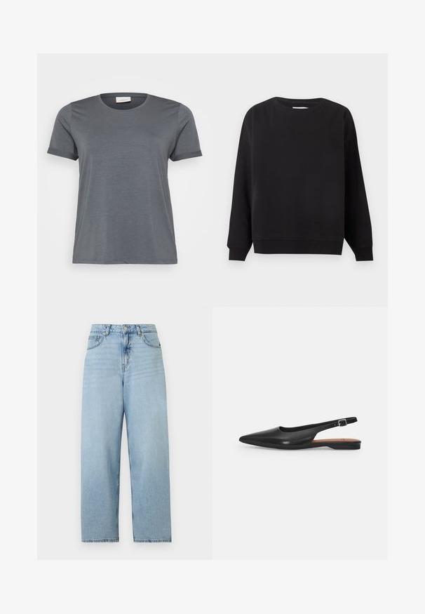 Schwarzes Sweatshirt mit Rundhalsausschnitt, langen Ärmeln sowie gerippten Bündchen und Saum, auf einem flachen hellgrauen Hintergrund dargestellt.; Graues kurzärmliges T-Shirt aus weichem Material mit klassischem Rundhalsausschnitt und aufgerollten Ärmeln. Glatte Textur ohne sichtbare Muster.; Hellblaue Jeans mit hoher Taille und weitem Bein, mit Knopfleiste vorne, Reißverschluss und klassischem Fünf-Taschen-Design.; Schwarzer Leder Slingback-Schuh mit spitzer Zehenform, subtiler Glanz und verstellbarem Knöchelriemen. Flacher Absatz mit einer braunen Innensohle.