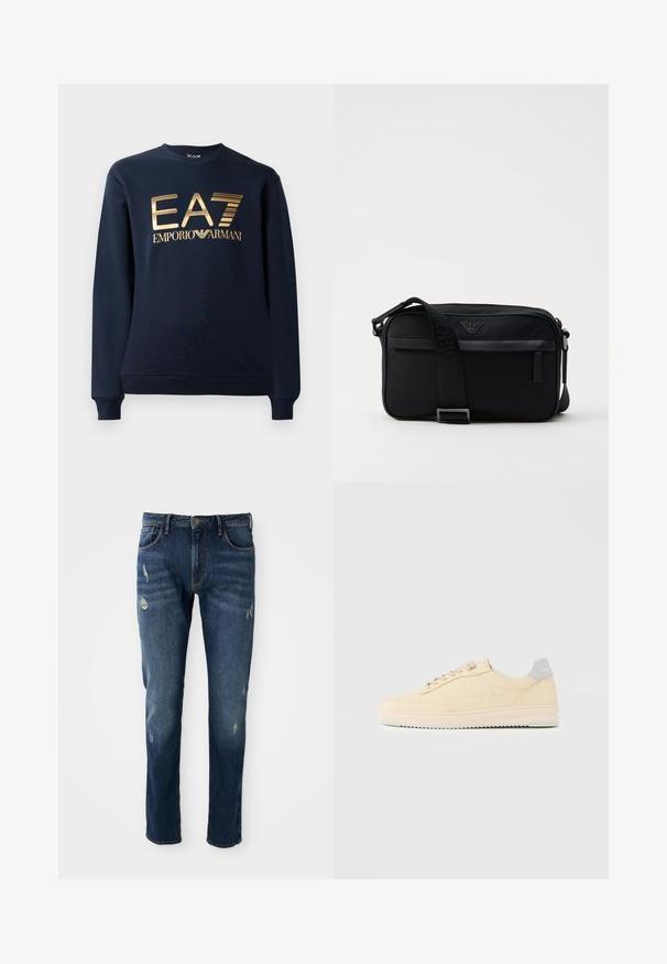Navyblauwe sweatshirt van een katoenmix, met een groot metalen gouden logo "EA7 EMPORIO ARMANI" op de voorkant. Geribbelde manchetten en halslijn.; Donkerblauwe denim jeans met slim fit, lichte slijtage op de dijen en knieën, klassiek vijf-pocket ontwerp en knoopsluiting.; Beige lage sneaker met veters aan de voorkant, lichtroze zool en een grijze hieltab met het merk "Filling Pieces", zijaanzicht op een effen achtergrond.; Zwarte nylon schoudertas met een contrasterende schouderband, een slank rechthoekig ontwerp, een logo-detail en een ritszak aan de voorkant.