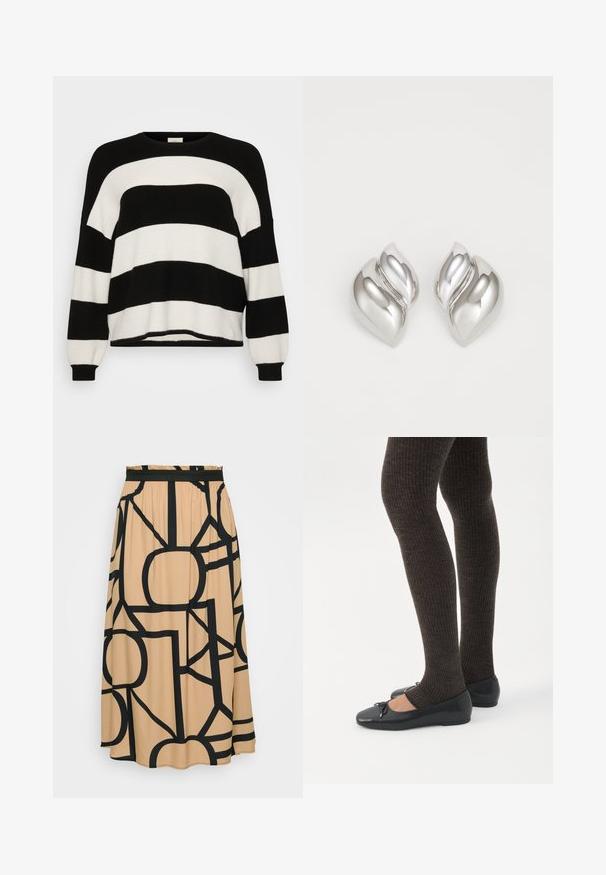 Stribet sort-hvid strikket sweater med rund hals, lange ærmer, ribbede manchetter og blød tekstur, med vekslende brede striber.; En lang beige nederdel med et sort geometrisk mønster. Funktioner et elastisk taljebånd og en glat stoftekstur. Rundet søm i bunden.; Ben iført mørke ribbede leggings kombineret med sorte balletsko med små sløjfedetaljer på hvid baggrund.; Sølvøreringe med en organisk, abstrakt form. Glat, skinnende overflade med et tilspidset design. Har subtile kurver og en centrallinje detalje.