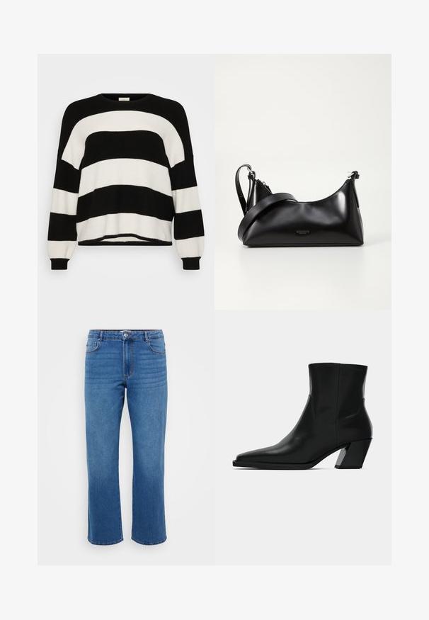 Stribet sort-hvid strikket sweater med rund hals, lange ærmer, ribbede manchetter og blød tekstur, med vekslende brede striber.; Blå denimjeans med lige ben, der har en knaplukning, klassisk fem-lomme design og en subtil falmet tekstur på lårene.; Sortlæder ankelstøvle med spids tå, en slank silhuet og en kraftig firkantet hæl. Glat tekstur med minimale stikninger.; Sort læderhåndtaske med en glat tekstur. Har en justerbar stropp og et enkelt, minimalistisk design med lynlås.