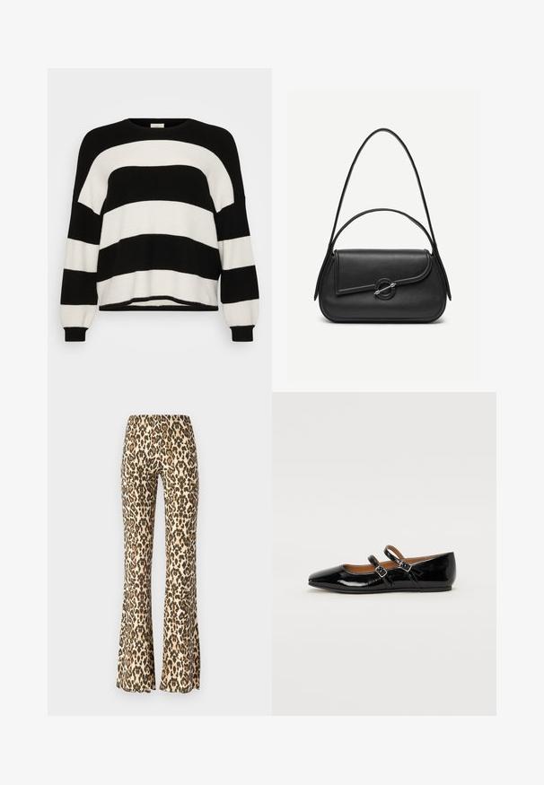 Stribet sort-hvid strikket sweater med rund hals, lange ærmer, ribbede manchetter og blød tekstur, med vekslende brede striber.; Buketbukset i leopardprint i tan og sort, med en glat tekstur og en tætsiddende talje, der spænder ud fra knæet og ned.; Sort laklæderballetsko med spids tå, to justerbare remme med spænder og en flad sål. Glat tekstur med en blank finish.; Sort læderhåndtaske med afrundede kanter, asymmetrisk klap, metalcirkulært spænde samt både korte og lange skulderstropper.