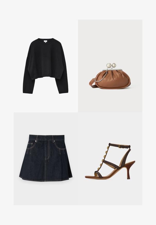 Zwarte cropped gebreide trui met lange mouwen en een ronde halslijn, met geribbelde manchetten en zoom.; Denim rok in donkerblauw, met een uitlopende uitstraling, riemlussen, voorzakken en contrasterende stiksels langs de naden.; Bruine leren sandaal met hoge hak, goudkleurige knoopdetails, enkelriem en houten stilettohak, op een witte achtergrond.; Bruine leren clutch met een zilveren balsluiting en een klein zilveren kettingdetail op een witte achtergrond.
