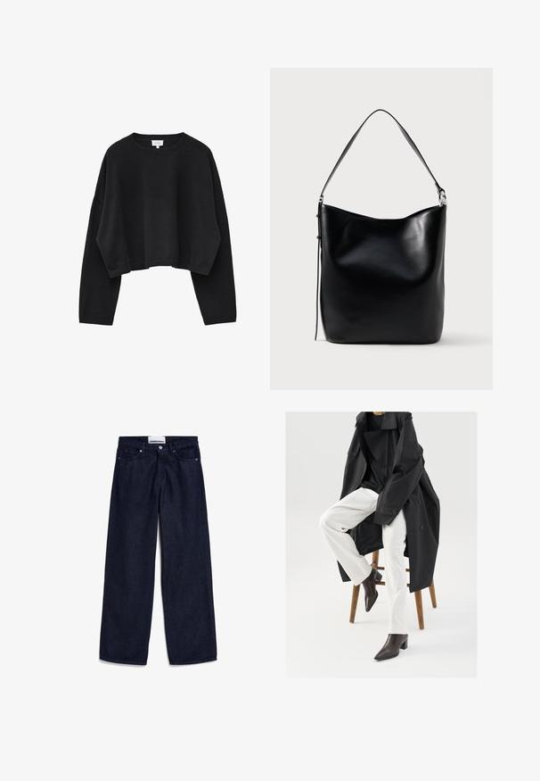 Zwarte cropped gebreide trui met lange mouwen en een ronde halslijn, met geribbelde manchetten en zoom.; Donkerblauwe denim wijde broek met een klassieke vijf-pocket stijl, afgewerkt met een metalen knop en rits. Stevige stof en rechte zoom.; Zwarte, oversized trenchcoat over een zwart top, gecombineerd met witte broek en bruine, puntige enkellaarsjes, zittend op een houten kruk.; Zwarte leren tote bag met een soepele textuur, brede opening en een enkele schouderband. Beschikt over een minimalistisch ontwerp met subtiele hardware.