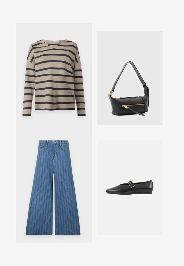 Beige langärmliges Oberteil mit marineblauen horizontalen Streifen, mit weit ausgeschnittenem V-Ausschnitt und überschnittenen Schultern, aus weichem, leichtem Material gefertigt.; Weite Jeans in mittlerem blauen Denim mit vertikalen Streifen, ausgestattet mit einem Knopfverschluss, fünf Taschen und einer gestickten Detailierung entlang der Nähte.; Schwarze Lederflachschuhe mit spitzem Zehenbereich, ausgestattet mit einem metallischen Riemen über dem Spann und einer niedrigen, flexiblen Sohle.; Schwarze Leder-Umhängetasche mit zwei Reißverschlusstaschen, goldfarbenen Beschlägen und einem breiten, verstellbaren Riemen. Glatte Textur und rechteckige Form.