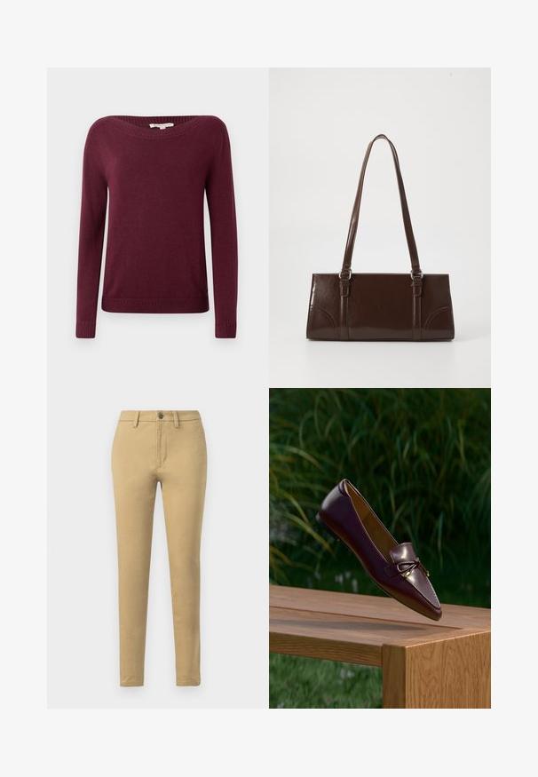Bordeaux sweater med bred halsudskæring, lange ærmer og ribstrik ved håndleddene og kanten, med en glat tekstur og enkelt design.; Khaki chinos lavet af en blanding af bomuldsstof, med slim fit, bæltestropper, frontlommer og en enkelt knaplukning.; Brun læder loafer med sløjfedetalje, der svæver over en træbænk, grønne blade sløret i baggrunden.; Brun lakeret håndtaske med rektangulær form, to lange håndtag og subtile buede detaljer på fronten.