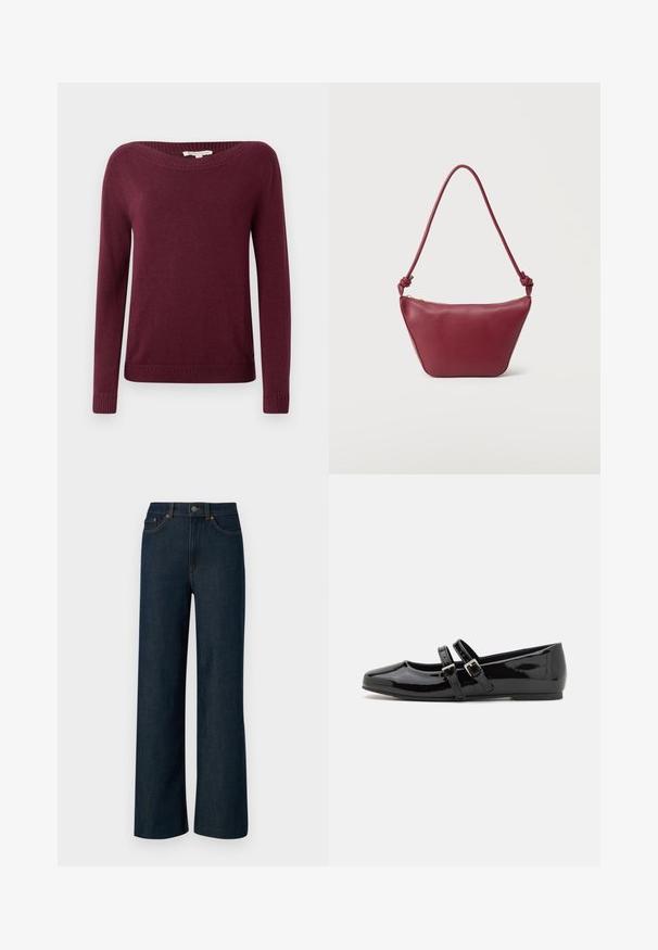 Bordeauxfarbener Pullover mit weitem Ausschnitt, langen Ärmeln und gerippten Bündchen und Saum, der eine glatte Textur und ein schlichtes Design aufweist.; Weite, dunkelblaue Denim-Jeans mit kontrastierendem orangefarbenem Nähten, fünf Taschen und einem Knopfverschluss. Glattes, strukturiertes Material.; Schwarze Lacklederschuhe mit einer viereckigen Zehe, ausgestattet mit zwei verstellbaren Schnallenriemen über dem Mittelfuß und einer flachen, niederen Sohle.; Kleine Schultertasche aus kastanienbraunem Leder mit geknotetem Riemen und Reißverschluss oben vor einem schlichten hellen Hintergrund.