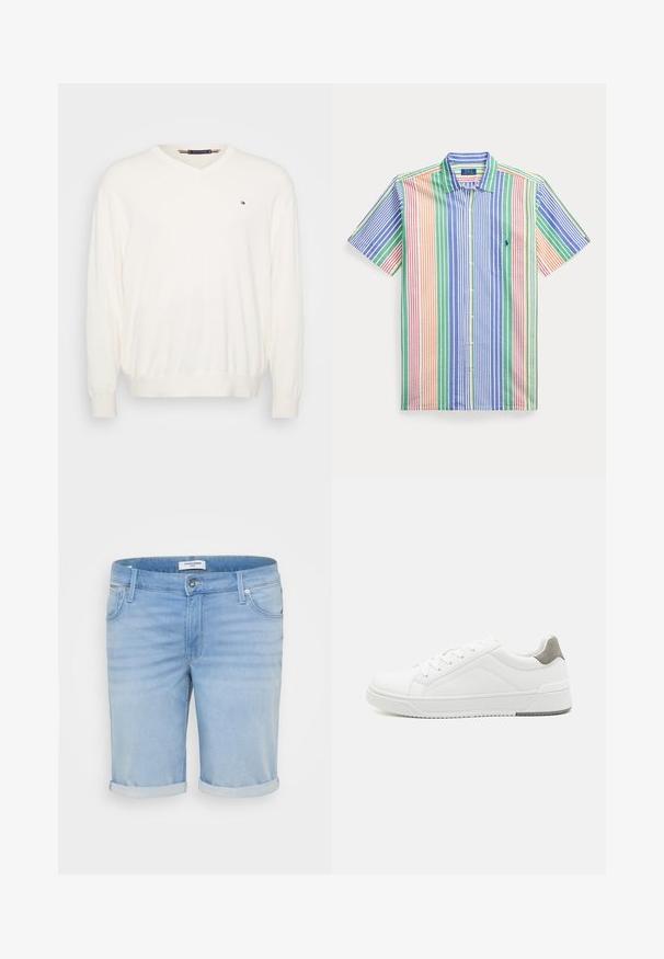 Creme V-hals sweater lavet af blødt stof med lange ærmer og ribbede manchetter, med et lille logo på venstre bryst.; Kortærmet skjorte med knapper og lodrette striber i blå, grøn, orange, rød og hvid, med krave og brystlomme med logo.; Lysblå denimshorts med en let falmet finish, opfoldede bukseben, fem-lommer design og en metalknaplukning.; Hvid sneaker lavet af glat læder, rund tå, minimalistisk design, grå hælafsats og tekstureret gummisål.