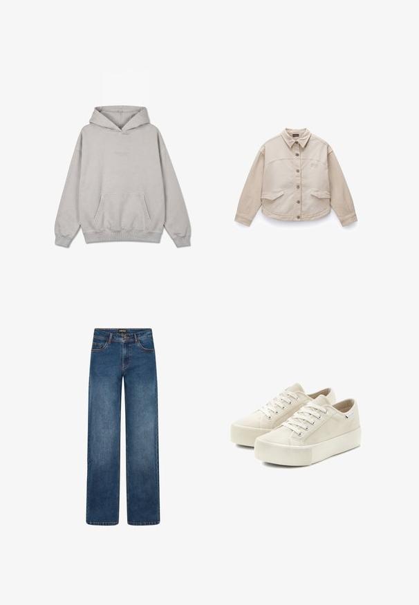 Lichtgrijs hooded sweatshirt met kangoeroezak, geribde boorden en zoom, en subtiel borstborduursel.; Napapijri RENDENA - Overhemdblouse - sand beige; Wijde spijkerbroek met medium blauwe wassing. Heeft vijf zakken, knoop- en ritssluiting, en dubbel gestikte naden. Duurzame stof.; Beige canvas sneakers met een dikke, gegroefde zool, vetersluiting aan de voorkant en een versterkte neus. Eenvoudig ontwerp zonder zichtbare patronen of hardwareaccenten.