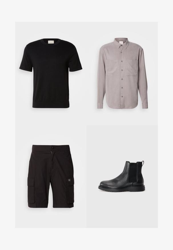 Sort kortærmet T-shirt lavet af blødt bomuld. Har rund halsudskæring, ribbet tekstur og en diskret logoaccent på brystet.; Langærmet button-up skjorte i dæmpet grå stof, med to brystlommer, en klassisk krave og tonal knaplukning.; Svarte cargo-shorts lavet af letvægtsstof. Har knap- og lynlåslukning, to sidelommer til cargo og syningdetaljer.; Sorte læder chelsea støvler med tekstureret finish, elastiske sidepaneler og en robust gummisål. Subtil branding på hælen.