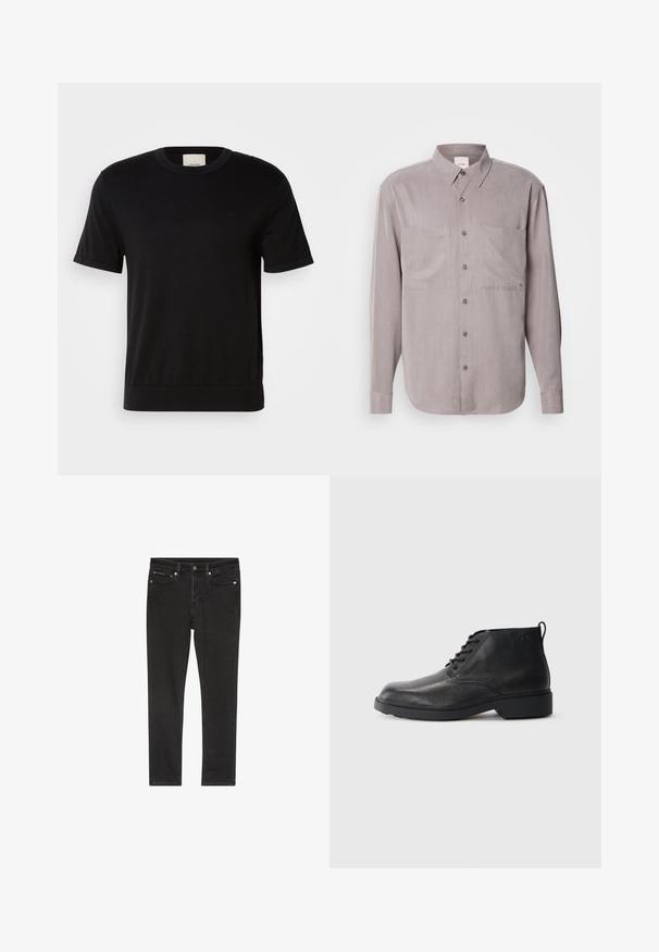 Sort kortærmet T-shirt lavet af blødt bomuld. Har rund halsudskæring, ribbet tekstur og en diskret logoaccent på brystet.; Langærmet button-up skjorte i dæmpet grå stof, med to brystlommer, en klassisk krave og tonal knaplukning.; Sorte denimjeans med slim fit, der har fire lommer, lukning med metalknap og let slidte detaljer. Glat tekstur og klassisk design.; Sorte læderstøvler med en tekstureret finish, rund tå, snørebånd foran og en robust gummisål. Har en lille træksløjfe bagpå.