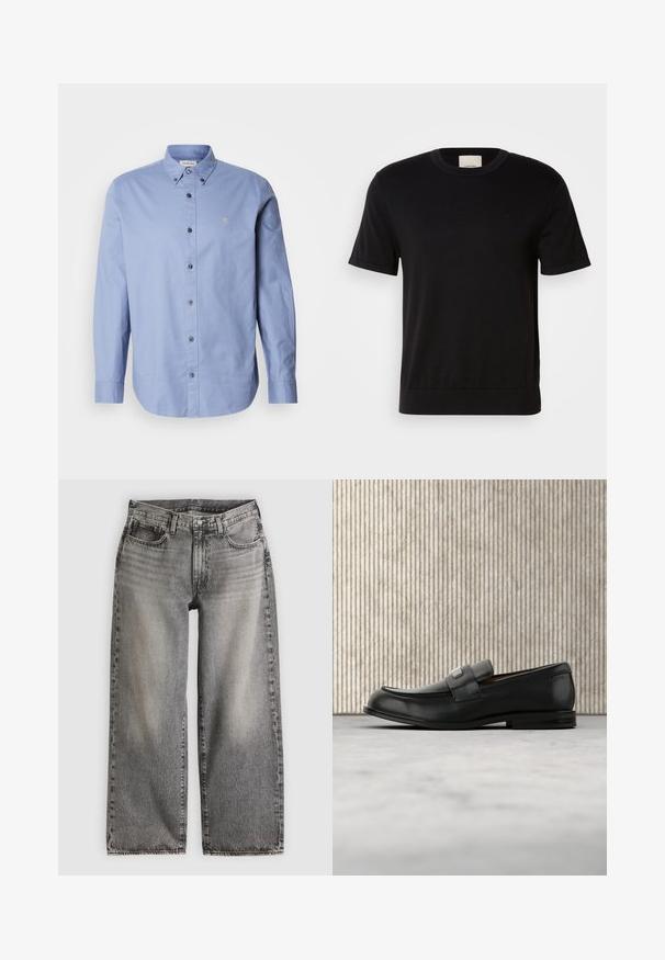 Camiseta negra de manga corta hecha de algodón suave. Presenta un cuello redondo, textura acanalada y un sutil acento de logo en el pecho.; Camisa de botones azul claro con mangas largas, hecha de una tela suave. Presenta un cuello clásico, botones negros y un pequeño logo en el pecho.; Vaqueros de pierna ancha en denim negro descolorido, con cintura alta, cinco bolsillos y un detalle sutil de costuras a lo largo de las costuras.; Mocasín de cuero negro con una placa metálica de marca apoyado cerca de una mesa redonda marrón sobre un suelo alfombrado beige.