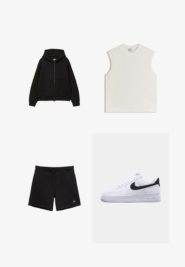 Sweat à capuche noir zippé avec capuche, deux poches avant, manches et ourlet côtelés. Fabriqué en tissu doux avec un design minimaliste et un détail de logo subtil.; Haut en coton blanc sans manches avec encolure ronde et épaules légèrement rembourrées, posé à plat sur un fond blanc.; Shorts noirs décontractés avec une ceinture élastique, un cordon de serrage, deux poches latérales et un petit logo blanc brodé sur la jambe gauche.; Sneaker en cuir blanc avec un Swoosh noir texturé, des lacets plats et une semelle en caoutchouc avec un motif strié. "AIR" est embossé sur le talon.