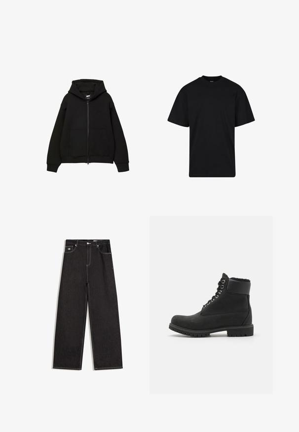 Schwarze Kapuzenjacke mit Reißverschluss, zwei Fronttaschen, gerippten Bündchen und Saum. Hergestellt aus weichem Stoff mit minimalistischem Design und dezentem Logo-Detail.; Schwarzes T-Shirt mit kurzen Ärmeln und Rundhalsausschnitt, lockerer Passform, schlichtem Design ohne sichtbare Logos oder Muster.; Schwarze Jeans mit weitem Bein, kontrastierenden weißen Nähten, Knopfverschluss, Gürtelschlaufen und Fünf-Taschen-Design, einschließlich eines kleinen Logopatches an der Vorderseite der Tasche.; Schwarze Knöchelstiefel aus Wildleder mit Gummisohle, ausgestattet mit metallischen Ösen, Schnürsenkeln und einem weichen Kunstfellkragen am oberen Rand.