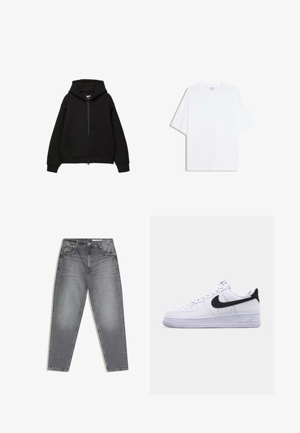 Sort zip-up hættetrøje med hætte, to frontlommer, ribstrikkede manchetter og kant. Fremstillet af blødt stof med et minimalistisk design og diskret logo-detalje.; Hvid oversized bomulds t-shirt med rund hals og korte ærmer; glat tekstur, uden synlige mønstre eller accenter.; Grå denimjeans med høj talje, falmet detalje, fem lommer samt lukning med knap og lynlås.; Hvide lædersneakers med en struktureret sort Swoosh, flade snørebånd og en gummisål med et rillemønster. "AIR" er præget på hælen.