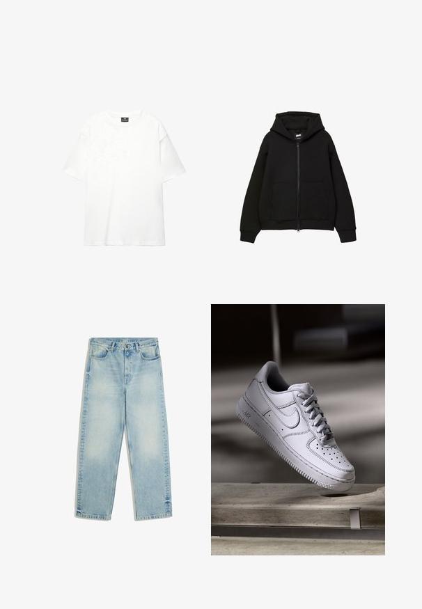 Sweat à capuche noir zippé avec capuche, deux poches avant, manches et ourlet côtelés. Fabriqué en tissu doux avec un design minimaliste et un détail de logo subtil.; T-shirt blanc surdimensionné en coton doux et lisse ; présente des manches courtes, un col rond et un design simple et épuré.; Jean bleu clair à jambe droite avec taille haute, bouton sur le devant, fermeture éclair, passants de ceinture et poches avant, présenté à plat sur fond blanc.; La basket Nike Air Force 1 en cuir blanc présente un embout perforé, des lacets plats et une semelle en caoutchouc texturée avec le logo « AIR » sur le côté.