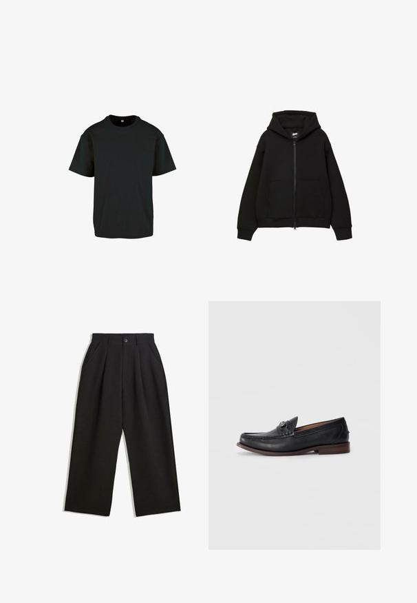 Sort zip-up hættetrøje med hætte, to frontlommer, ribstrikkede manchetter og kant. Fremstillet af blødt stof med et minimalistisk design og diskret logo-detalje.; Sort bomulds T-shirt med rund hals og korte ærmer; har en afslappet pasform og en glat, struktureret overflade.; Sorte bukser med en afslappet pasform, der har plisseringer foran, sidelommer og knaplukning. Fremstillet af tekstureret stof.; Sorte læder loafers med rund tå, dekorativ hardware på forsiden og en kontrasterende brun sål. Glat tekstur og slip-on design.