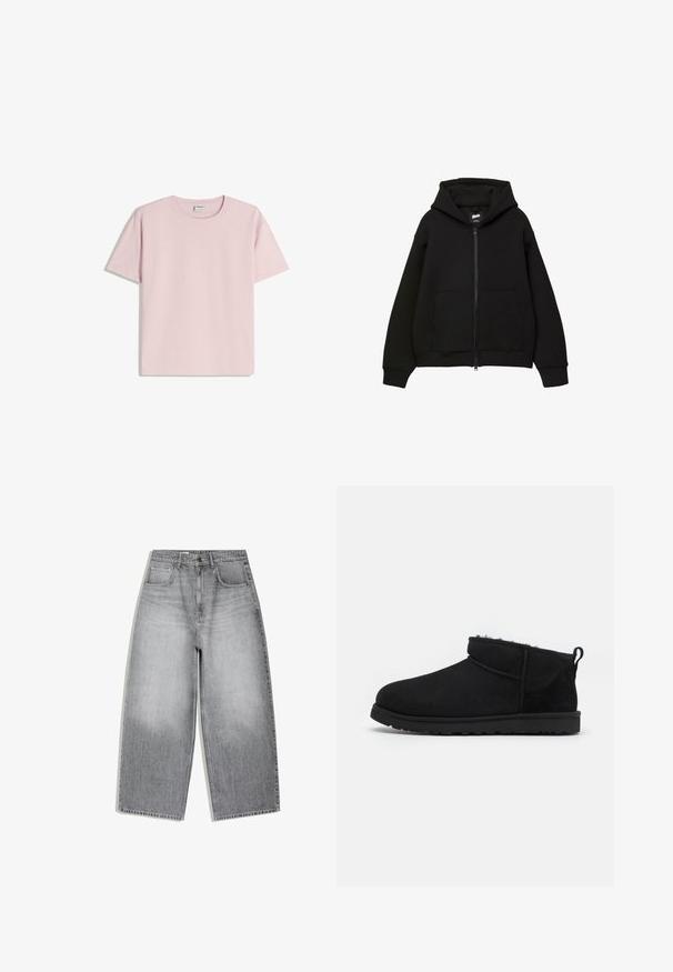 Sweat à capuche noir zippé avec capuche, deux poches avant, manches et ourlet côtelés. Fabriqué en tissu doux avec un design minimaliste et un détail de logo subtil.; T-shirt en coton rose à manches courtes et col rond. Texture lisse, coupe décontractée, sans motifs ni accents visibles.; Jean en denim gris taille haute avec une coupe large aux jambes, poches avant et fermeture à boutons, présenté à plat sur fond blanc.; Bottines noires en daim avec une doublure douce et texturée, une semelle en caoutchouc basse et une languette à l'arrière pour un enfilage facile.