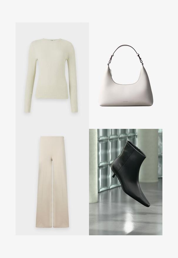 Haut ajusté à manches longues en tissu texturé vert clair avec un col rond. Surface lisse avec un léger relief, sans quincaillerie ni accents visibles.; Pantalons amples beiges en tissu doux avec une texture lisse. Dotés d'une taille élastique haute pour le confort et d'un design épuré et minimaliste.; Bottine en cuir noir à bout pointu et petit talon kitten, présentée en angle devant un sol poli et un mur en blocs de verre.; Sac à bandoulière en cuir couleur crème de Calvin Klein avec bord supérieur incurvé, fermeture éclair argentée et sangle ajustable brun foncé.