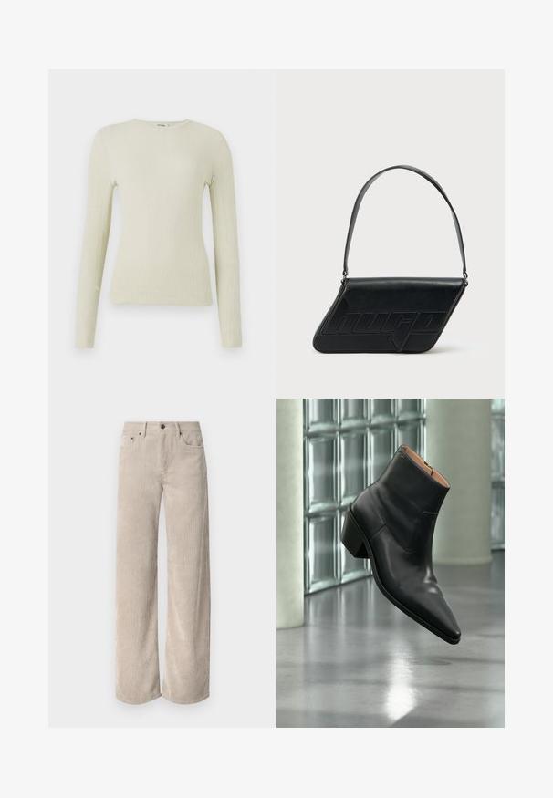 Langærmet, tætsiddende bluse i lys grøn tekstureret stof med rund hals. Glat overflade med subtil ribning, ingen synlig hardware eller accenter.; Beige corduroy bukser med vidde og lodrette striber, der har knaplukning og frontlommer. Blødt, tekstureret stof med en afslappet pasform.; Sort læderankelstøvle med spids tå og blokhæl, der svæver over en reflekterende grå gulv nær en væg af glasblokke.; Sort skuldertaske i læder med trekantet form, præget logo og en enkelt justerbar rem. Minimalistisk design med glat tekstur.