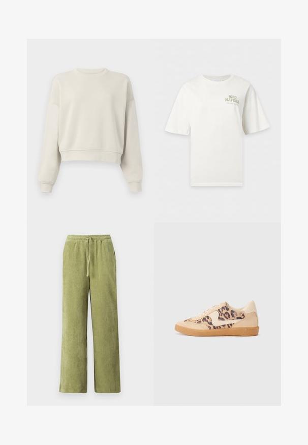 Lys beige cropped sweatshirt med lange ærmer, ribbet krave og manchetter, blød stofstruktur, minimalistisk design, ingen synlige mønstre eller accenter.; Hvid T-shirt med korte ærmer med teksten "ICED MATCHA I like you so matcha" trykt på øverste venstre bryst.; Grønne fløjl bukser med vidde, elastisk talje og snøre detaljer. Lodrette ribber i stoffet skaber tekstur.; Leopardprint sneakers med beige ruskindsoverdel, tan gummisål og hvide detaljer. Rund pegefinger og snørebåndsdesign med en tekstureret finish.
