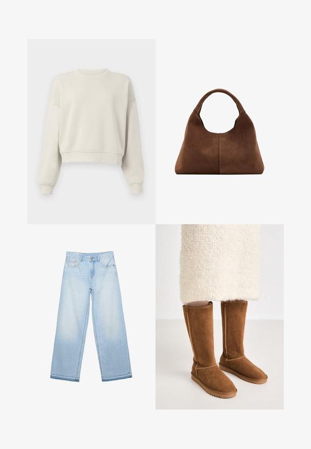 Sweatshirt court beige clair à manches longues, col et poignets côtelés, texture de tissu douce, design minimaliste, sans motifs ni accents visibles.; Jean denim bleu clair à jambes larges avec bouton avant, fermeture éclair et style cinq poches, posé à plat sur fond blanc.; Bottes en suède marron à hauteur de genou avec une texture lisse, présentant des coutures latérales et une semelle en caoutchouc pour une bonne traction.; Sac à main en daim marron avec une poignée arrondie et une forme légèrement trapezoïdale, présentant une couture centrale visible sur un fond blanc.