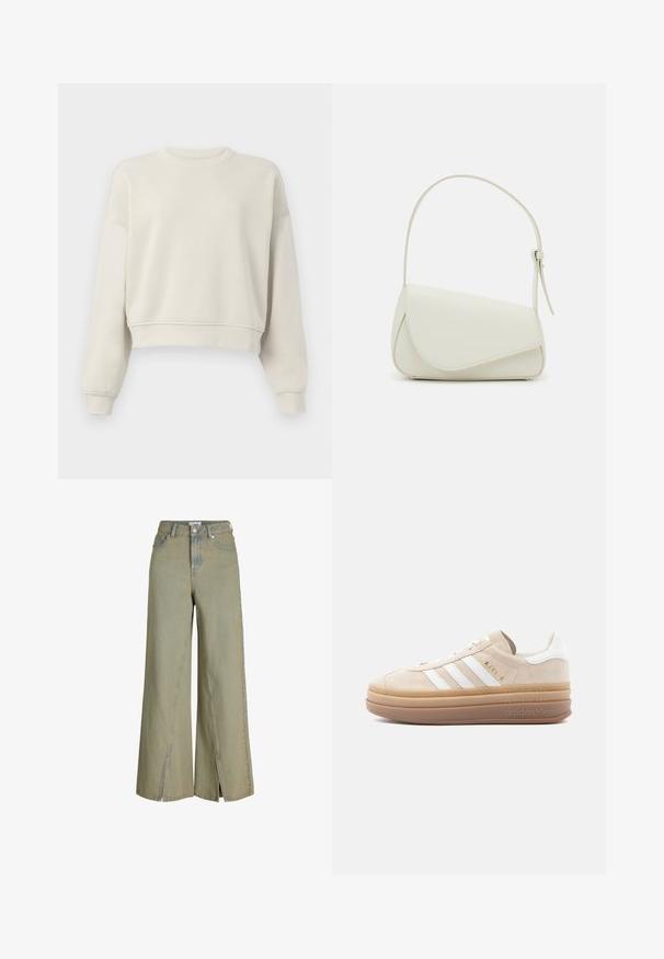 Vaalean beige toppi, jossa on pitkät hihat, ribbireunat kauluksessa ja hihoissa, pehmeä kangastekstuuri, minimalistinen muotoilu, ei näkyviä kuvioita tai yksityiskohtia.; Vaaleanvihreät leveät denim-farkut, joissa on korkea vyötärö, sivureiät ja klassiset taskuyksityiskohdat.; Beigenvärinen mokkanahkainen tennari, jossa valkoiset nahkakoristeet, kolme valkoista raitaa, kultainen logo ja paksu, läpikuultava kumipohja.; Valkoinen keinonahkainen käsilaukku, jossa on jämäkkä kolmion muoto, yksi säädettävä olkahihna ja kaareva läppäkiinnitys.