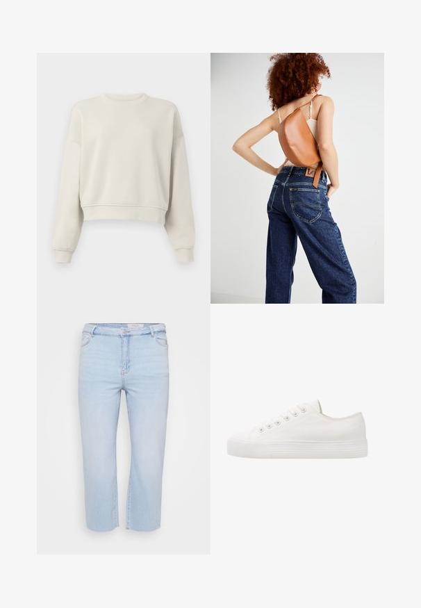 Lys beige cropped sweatshirt med lange ærmer, ribbet krave og manchetter, blød stofstruktur, minimalistisk design, ingen synlige mønstre eller accenter.; Lyseblå, cropped denim jeans med høj talje, frynsede kanter og et klassisk fem-lomme design. Lavet af blødt, strækbart materiale.; Hvide kanvas sneakers med rund tå, seks øjer til snørebånd, struktureret gummisul og subtile syningsdetaljer langs siderne.; Brun læder rygsæk med et unikt buet design. Båret diagonalt, parret med højlivet blå denimjeans med gul syning.
